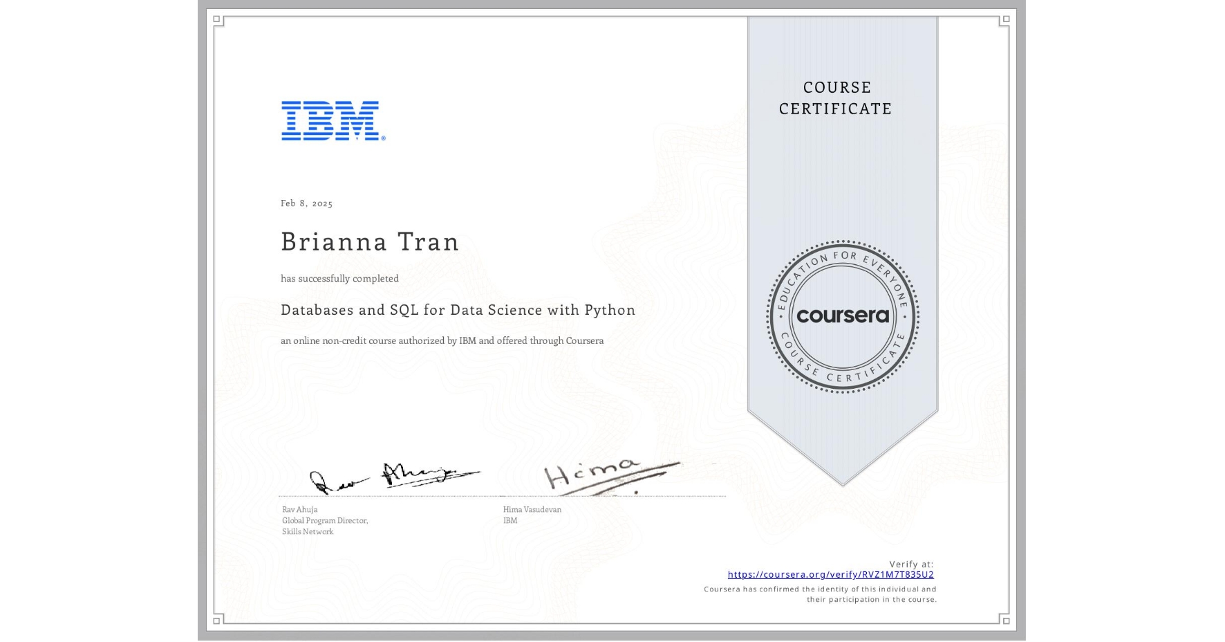 IBM SQL Certificate